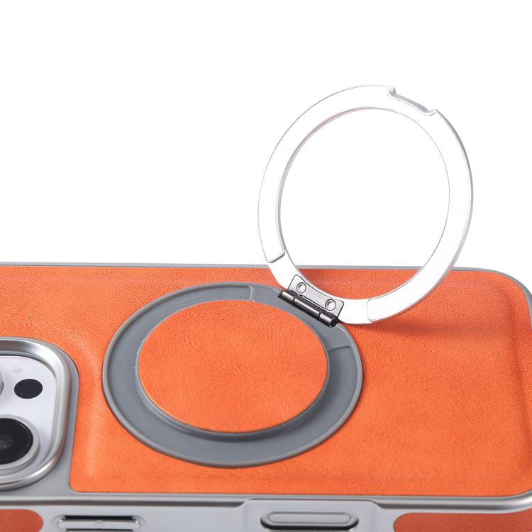 For iPhone 14 Plus Plated Leather Grain Rotation MagSafe Holder Phone Case