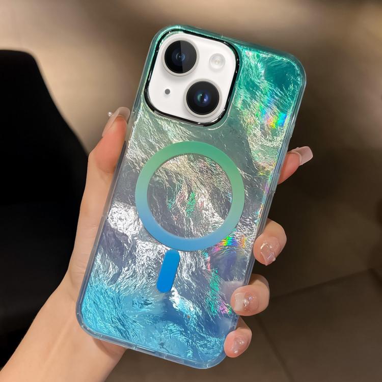 For iPhone 14 Plus Plating Gradient Glacier Texture MagSafe Phone Case