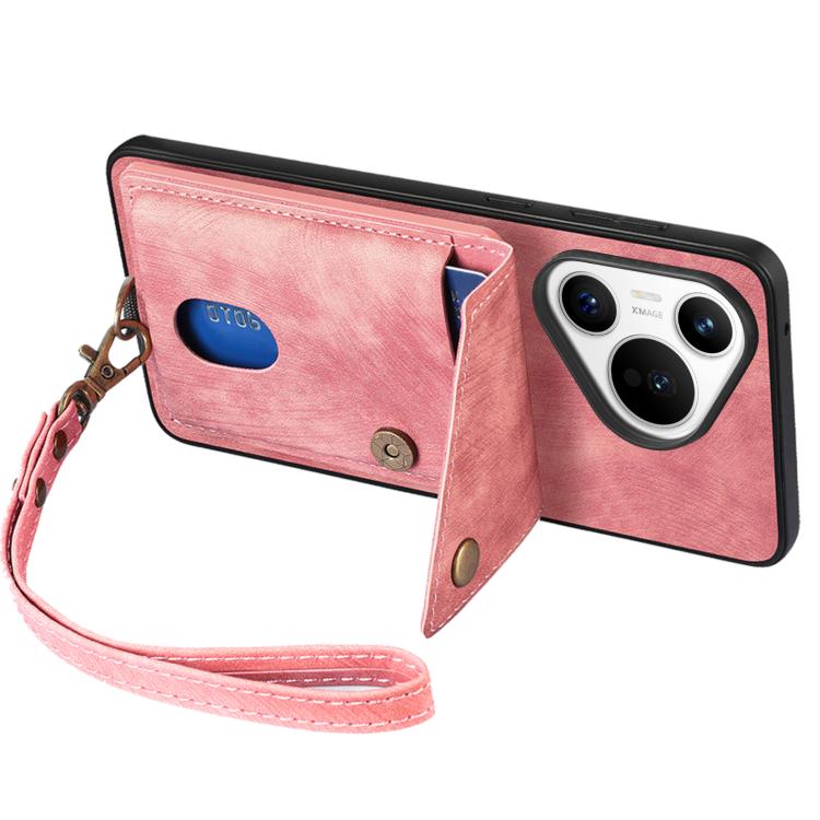 For Huawei Pura 70 Retro Card Wallet Fold Leather Phone Case with Strap