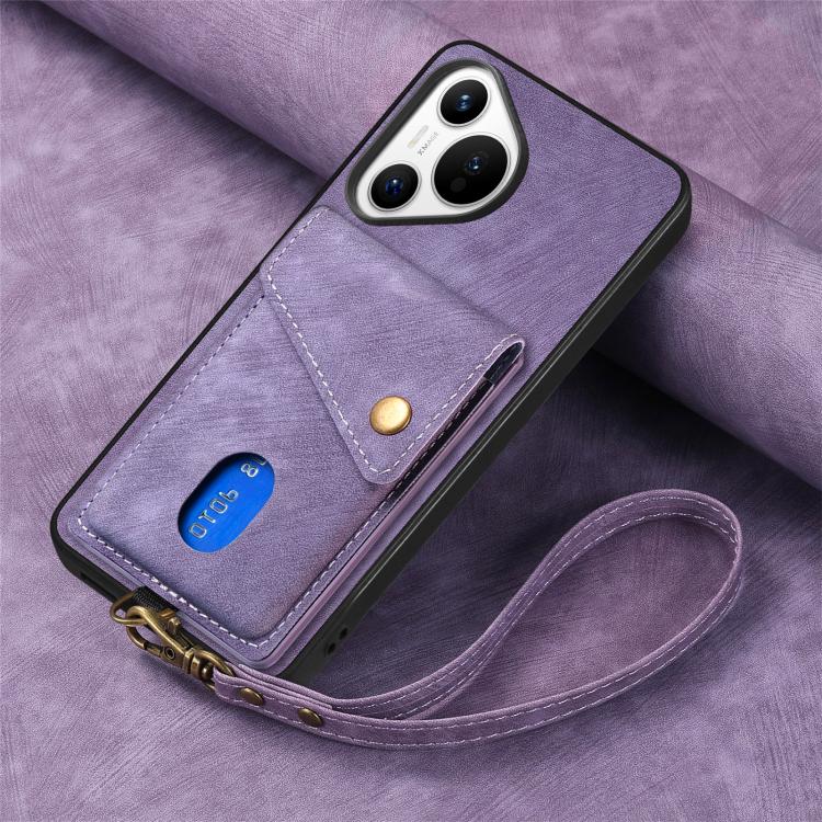 For Huawei Pura 70 Retro Card Wallet Fold Leather Phone Case with Strap