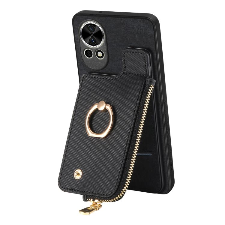For Huawei P50 Cross Leather Ring Vertical Zipper Wallet Back Phone Case