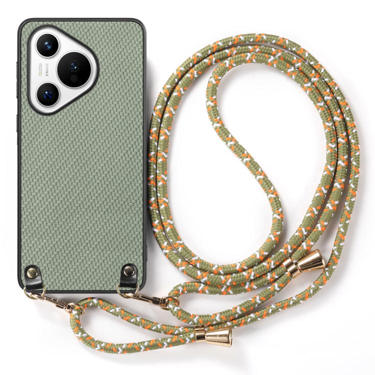 For Huawei Pura 70 Carbon Fiber Texture Leather Back Cover Phone Case with Crossbody Strap