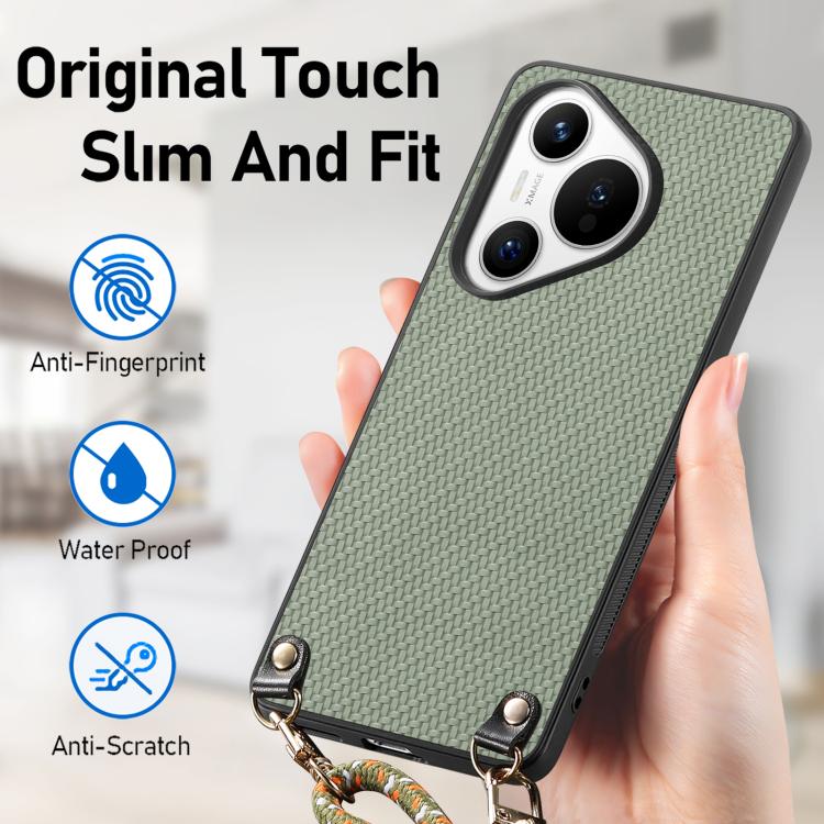 For Huawei Pura 70 Carbon Fiber Texture Leather Back Cover Phone Case with Crossbody Strap