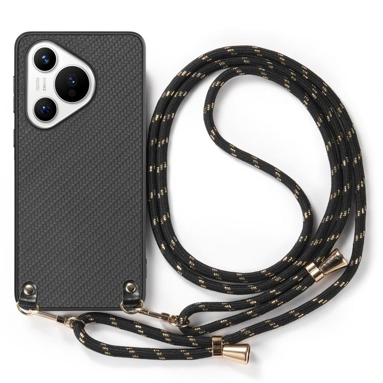 For Huawei Pura 70 Carbon Fiber Texture Leather Back Cover Phone Case with Crossbody Strap