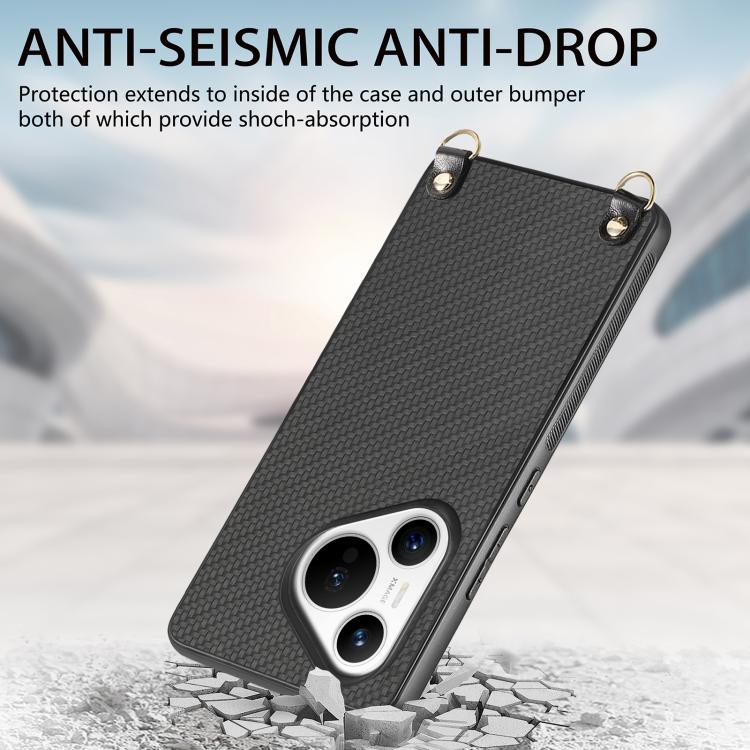 For Huawei Pura 70 Carbon Fiber Texture Leather Back Cover Phone Case with Crossbody Strap