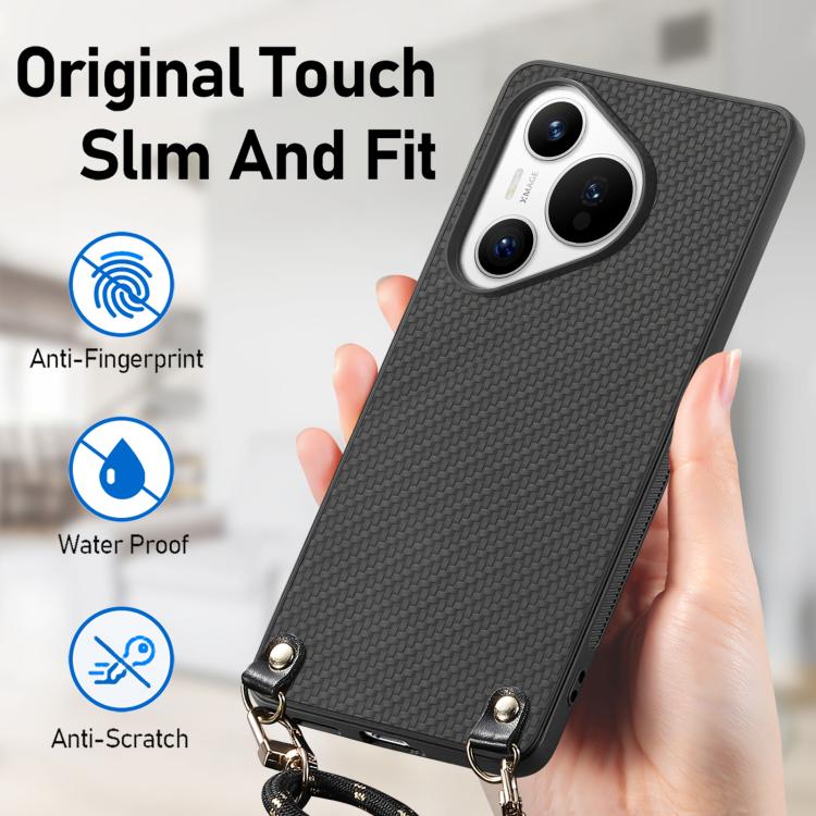 For Huawei Pura 70 Carbon Fiber Texture Leather Back Cover Phone Case with Crossbody Strap
