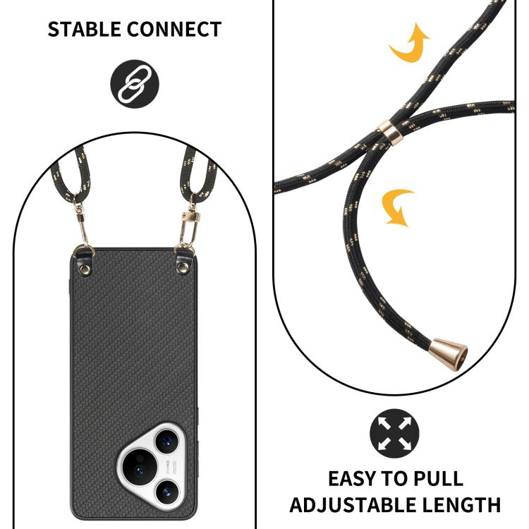 For Huawei Pura 70 Carbon Fiber Texture Leather Back Cover Phone Case with Crossbody Strap