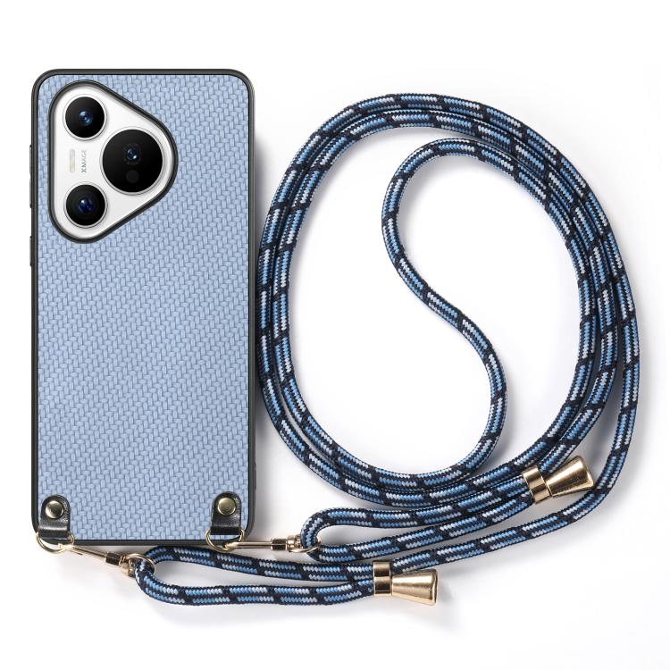 For Huawei Pura 70 Carbon Fiber Texture Leather Back Cover Phone Case with Crossbody Strap