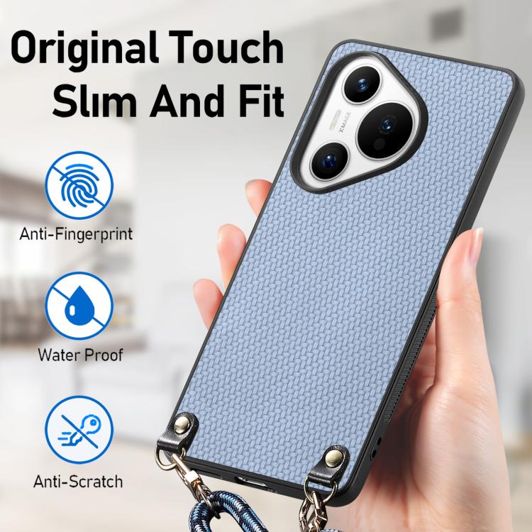 For Huawei Pura 70 Carbon Fiber Texture Leather Back Cover Phone Case with Crossbody Strap