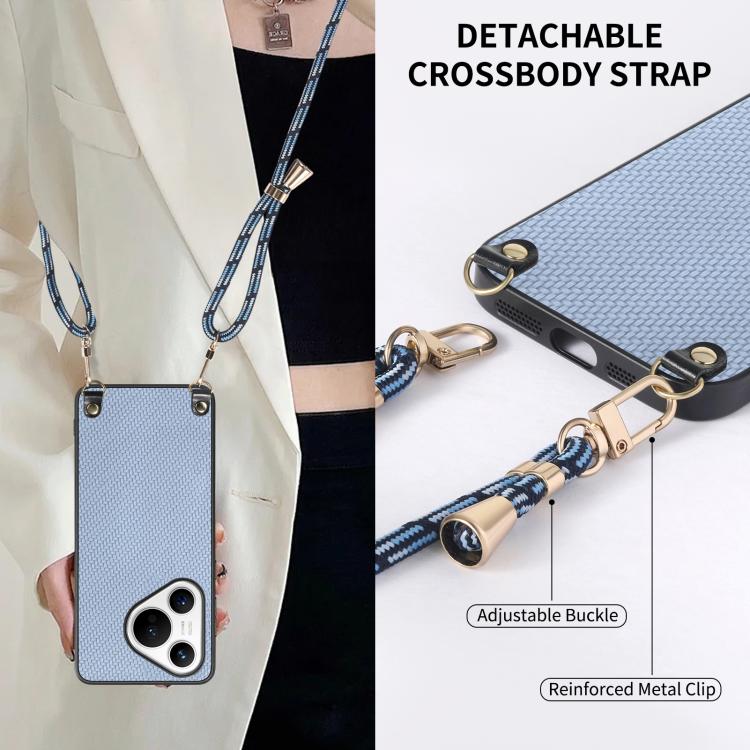 For Huawei Pura 70 Carbon Fiber Texture Leather Back Cover Phone Case with Crossbody Strap