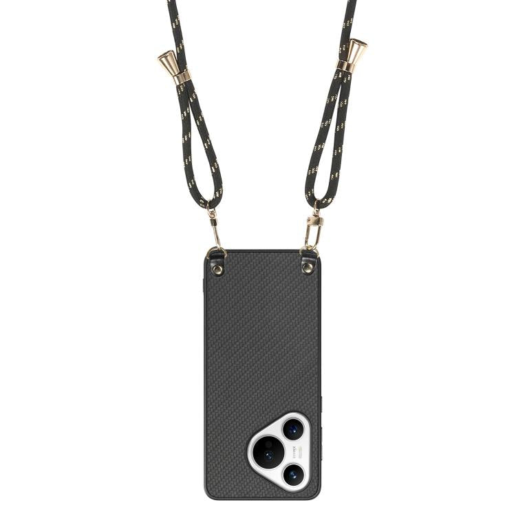 For Huawei Pura 70 Ultra Carbon Fiber Texture Leather Back Cover Phone Case with Crossbody Strap