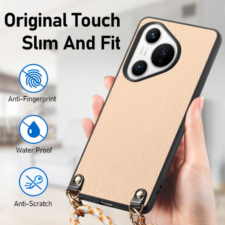 For Huawei Pura 70 Ultra Carbon Fiber Texture Leather Back Cover Phone Case with Crossbody Strap