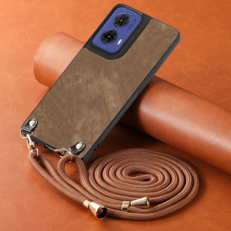 For Motorola Moto G85 Vintage Leather PC Back Cover Phone Case with Crossbody Strap