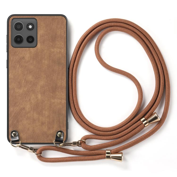For Motorola Moto G15 Vintage Leather PC Back Cover Phone Case with Crossbody Strap