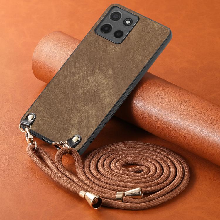 For Motorola Moto G15 Vintage Leather PC Back Cover Phone Case with Crossbody Strap
