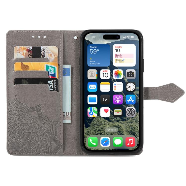 For iPhone 17e / 16e Mandala Flower Embossed Leather Phone Case