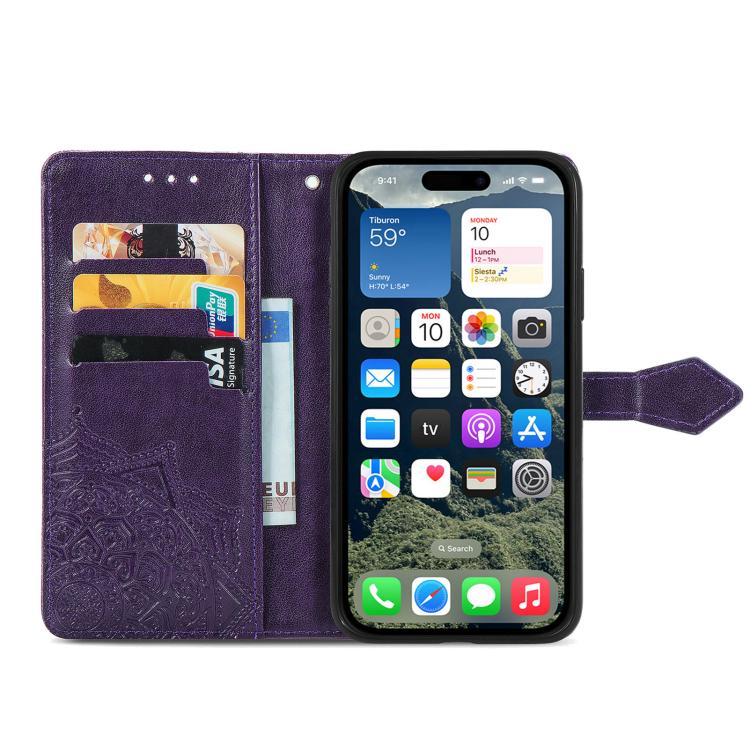 For iPhone 17e / 16e Mandala Flower Embossed Leather Phone Case