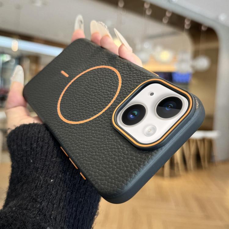 For iPhone 14 Thin Circle MagSafe Litchi Grain TPU Phone Case