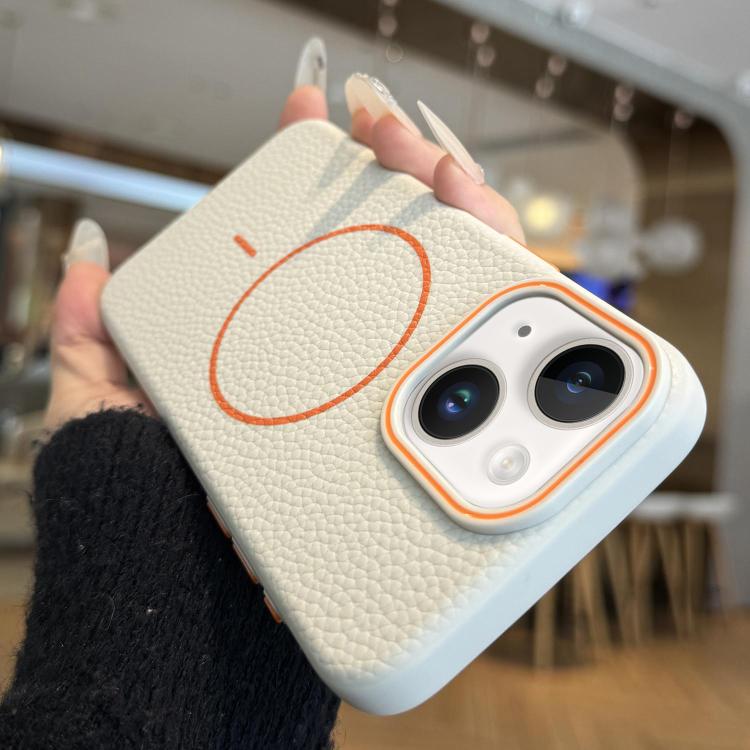 For iPhone 15 Plus Thin Circle MagSafe Litchi Grain TPU Phone Case