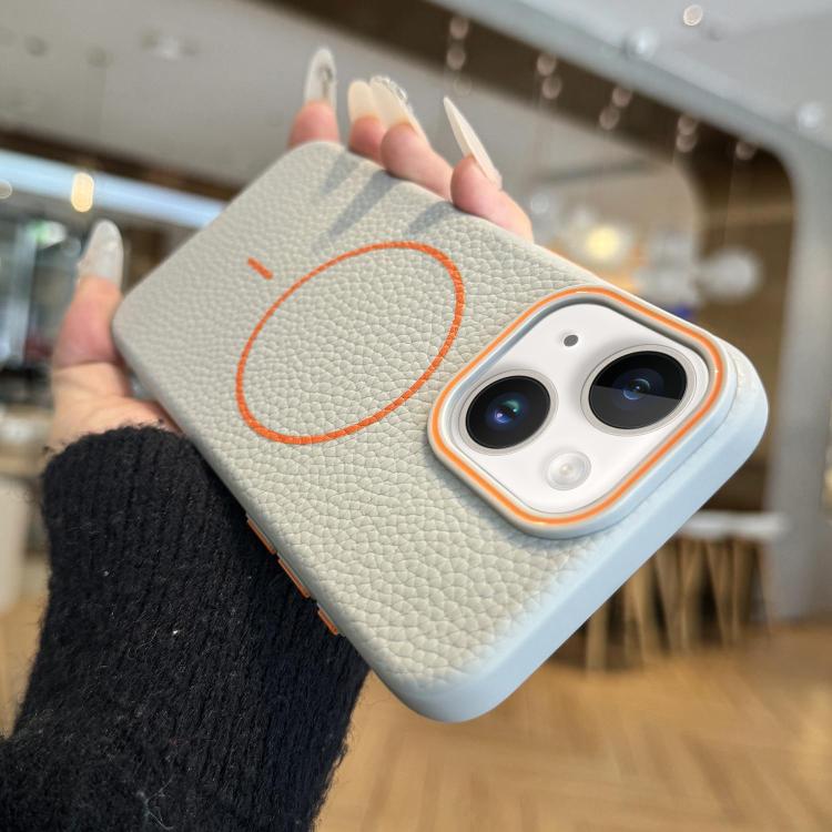 For iPhone 15 Plus Thin Circle MagSafe Litchi Grain TPU Phone Case