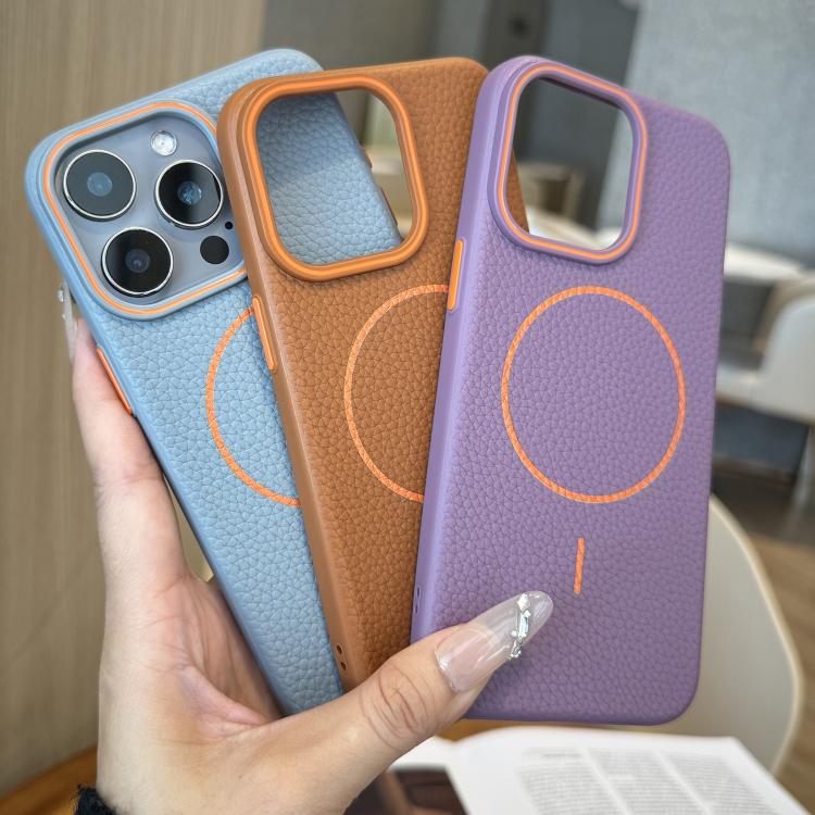 For iPhone 15 Plus Thin Circle MagSafe Litchi Grain TPU Phone Case
