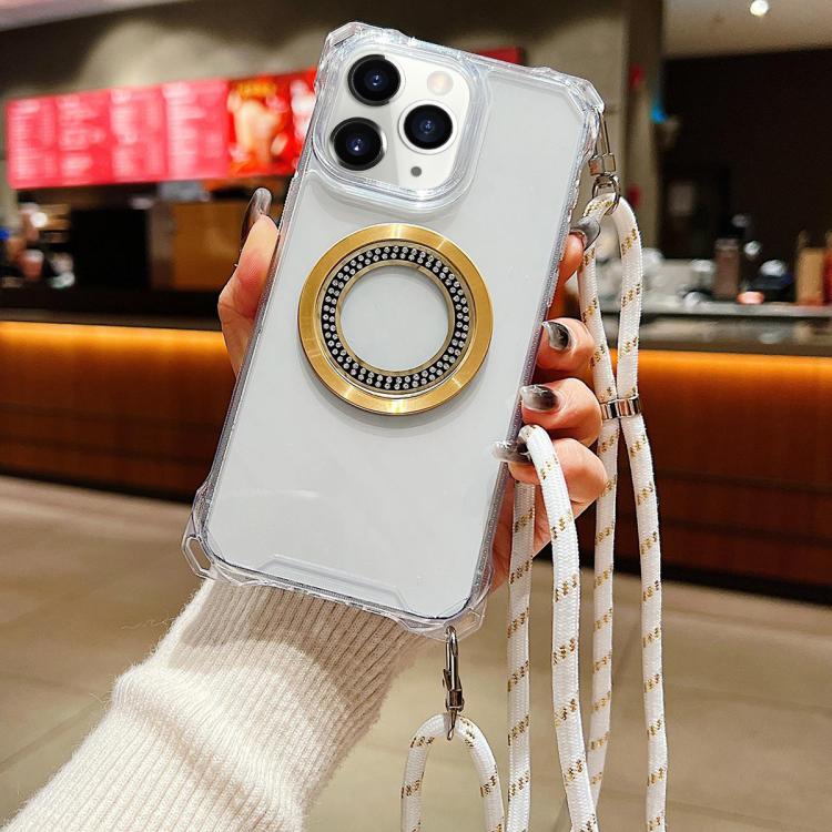 For iPhone 11 Pro Max Traveler Crossbody Lanyard MagSafe Four-corner TPU Clear Phone Case