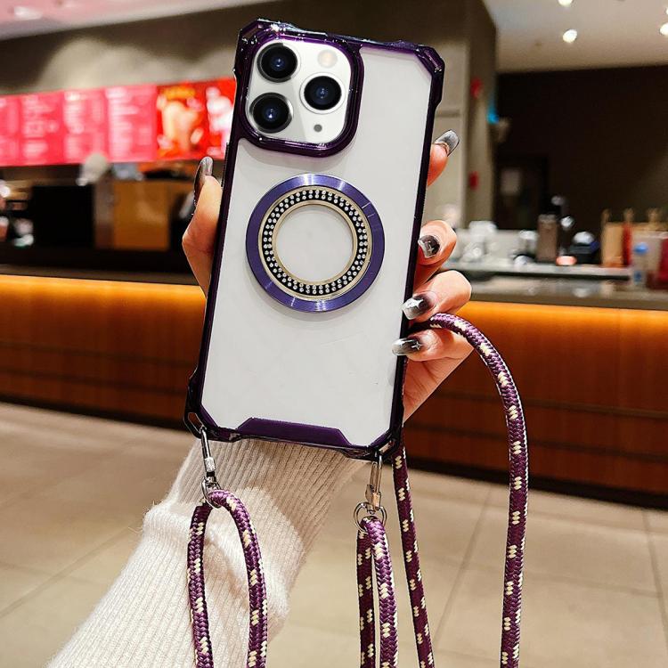 For iPhone 11 Pro Max Traveler Crossbody Lanyard MagSafe Four-corner TPU Clear Phone Case