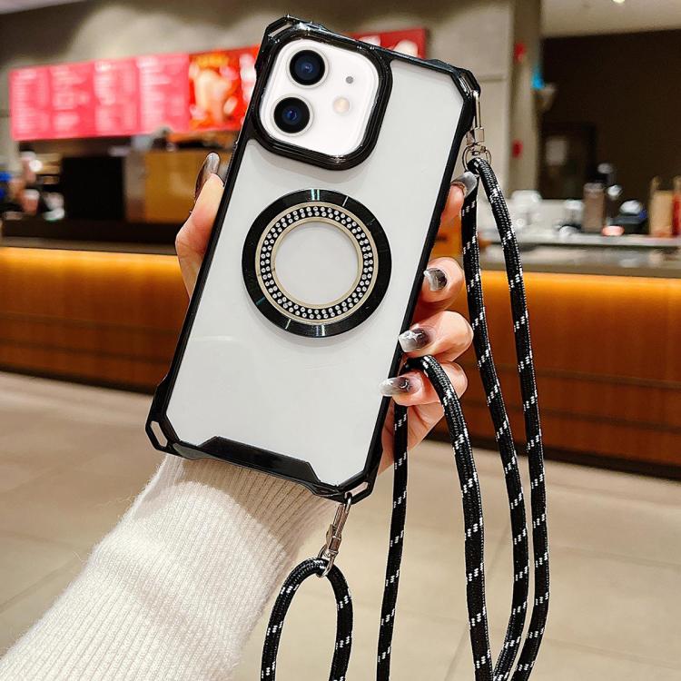 For iPhone 12 Traveler Crossbody Lanyard MagSafe Four-corner TPU Clear Phone Case