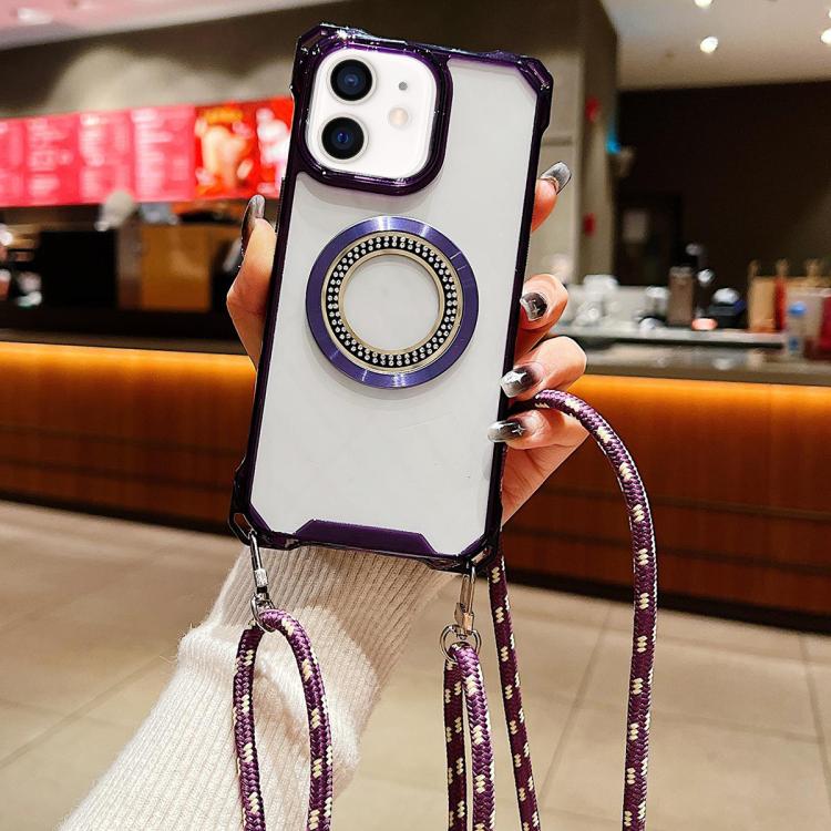 For iPhone 12 Traveler Crossbody Lanyard MagSafe Four-corner TPU Clear Phone Case