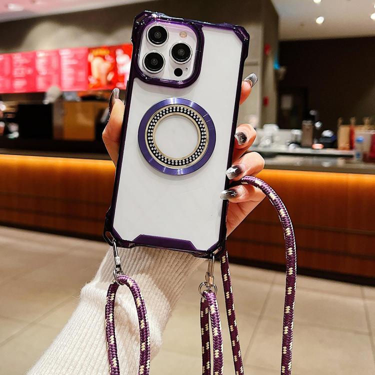 For iPhone 12 Pro Max Traveler Crossbody Lanyard MagSafe Four-corner TPU Clear Phone Case