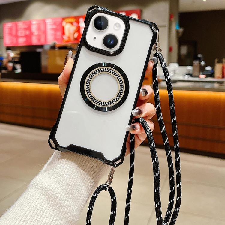 For iPhone 14 Traveler Crossbody Lanyard MagSafe Four-corner TPU Clear Phone Case