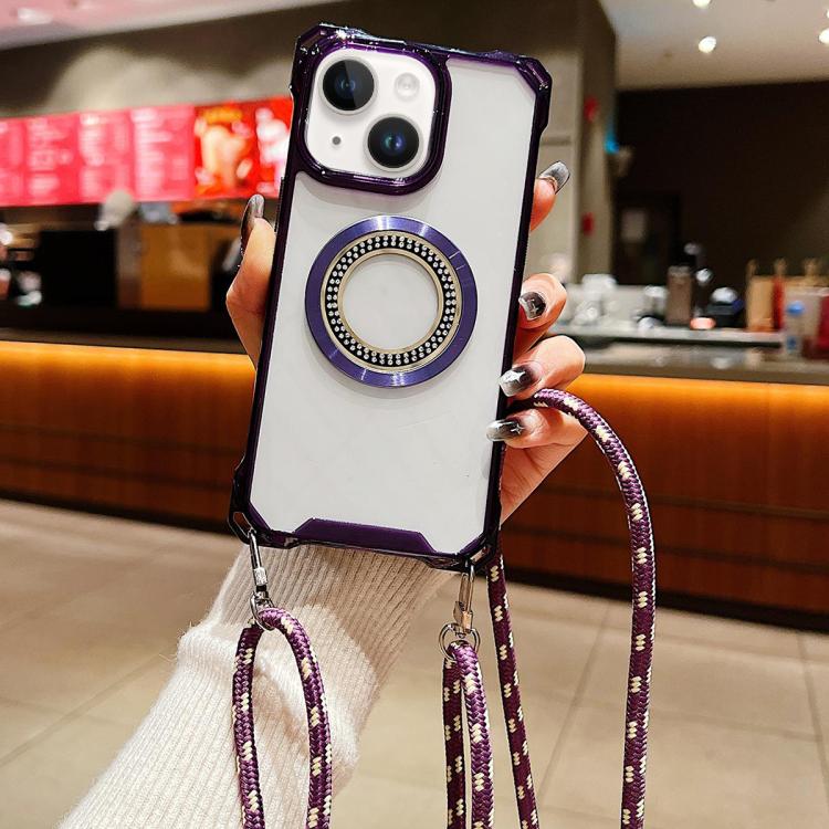 For iPhone 15 Plus Traveler Crossbody Lanyard MagSafe Four-corner TPU Clear Phone Case