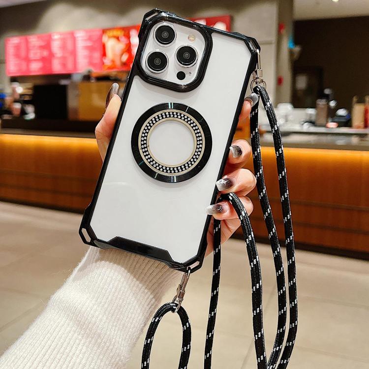 For iPhone 15 Pro Max Traveler Crossbody Lanyard MagSafe Four-corner TPU Clear Phone Case