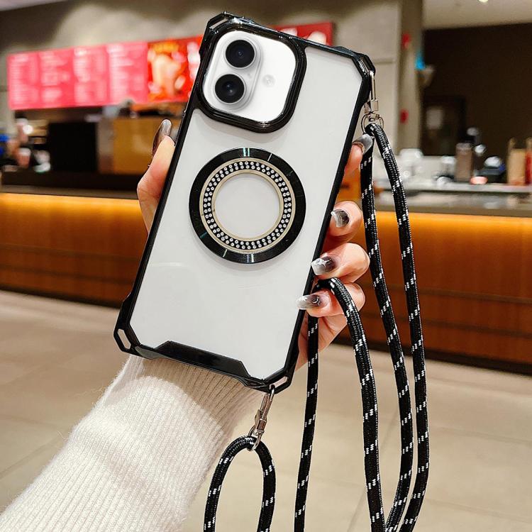 For iPhone 16 Plus Traveler Crossbody Lanyard MagSafe Four-corner TPU Clear Phone Case