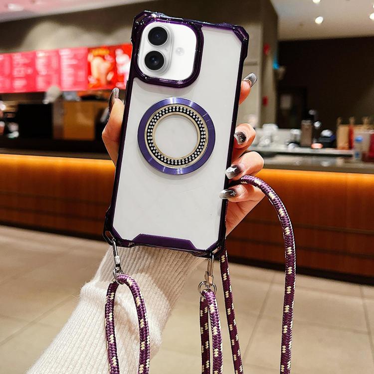 For iPhone 16 Plus Traveler Crossbody Lanyard MagSafe Four-corner TPU Clear Phone Case