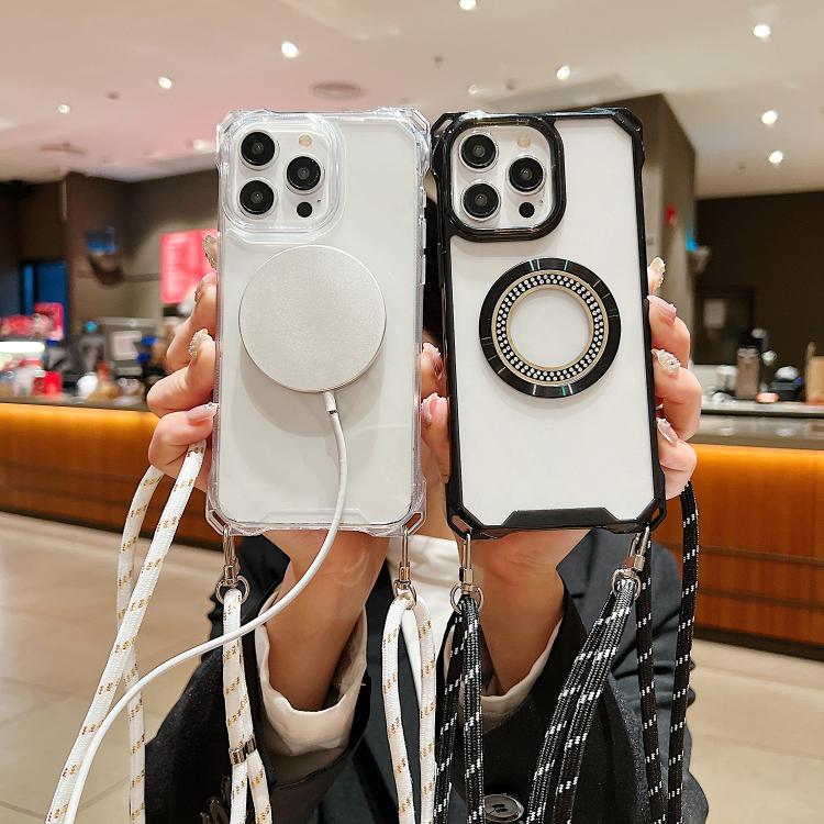 For iPhone 11 Pro Traveler Crossbody Lanyard MagSafe Four-corner TPU Clear Phone Case
