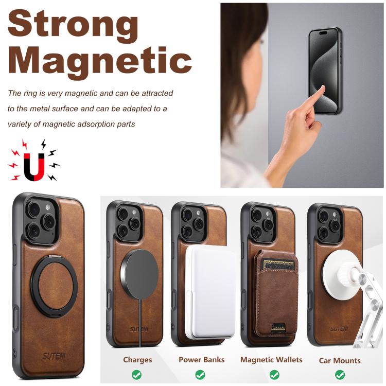 For iPhone 15 Pro Max Suteni G3 Oil Wax 360 Rotation Holder MagSafe Back Phone Case