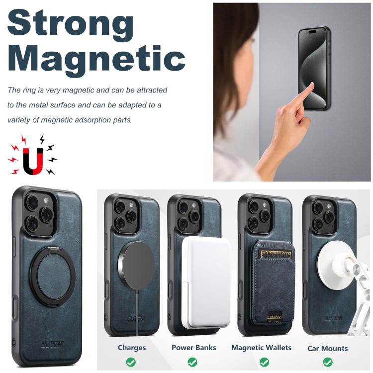 For iPhone 15 Plus Suteni G3 Oil Wax 360 Rotation Holder MagSafe Back Phone Case