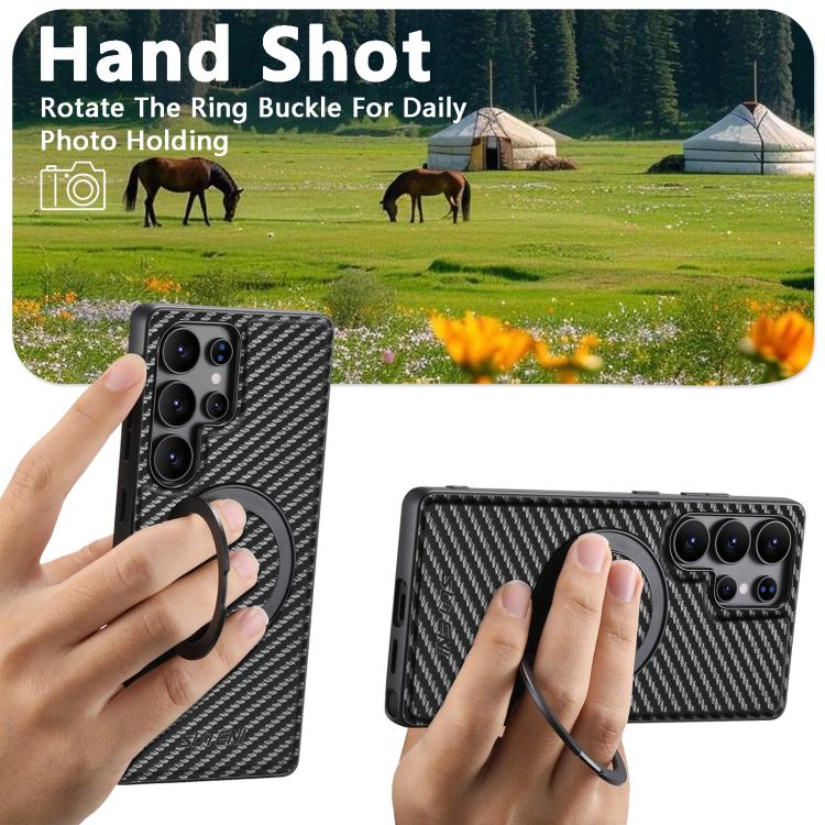 For Samsung Galaxy S25+ 5G Suteni G3 Carbon Fiber Leather 360 Rotation Holder MagSafe Phone Case - Black
