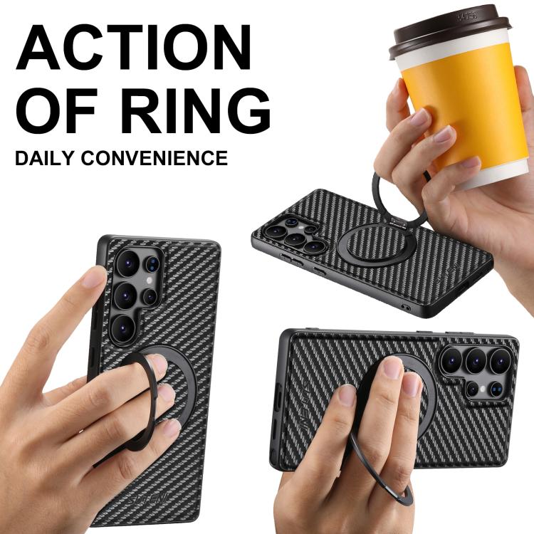 For Samsung Galaxy S23 Ultra 5G Suteni G3 Carbon Fiber Leather 360 Rotation Holder MagSafe Phone Case - Black
