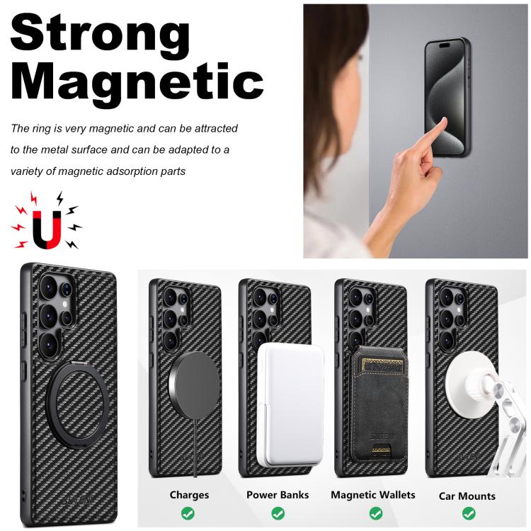 For Samsung Galaxy S22 Ultra 5G Suteni G3 Carbon Fiber Leather 360 Rotation Holder MagSafe Phone Case - Black