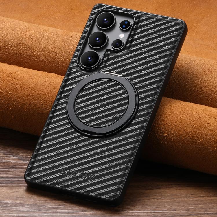 For Samsung Galaxy S23+ 5G Suteni G3 Carbon Fiber Leather 360 Rotation Holder MagSafe Phone Case - Black