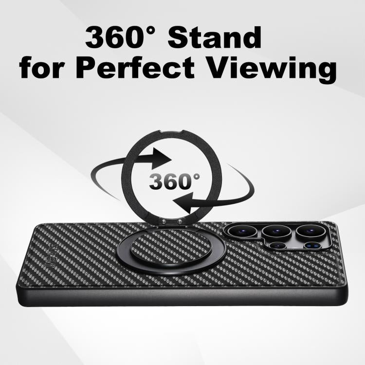 For Samsung Galaxy S22 5G Suteni G3 Carbon Fiber Leather 360 Rotation Holder MagSafe Phone Case - Black