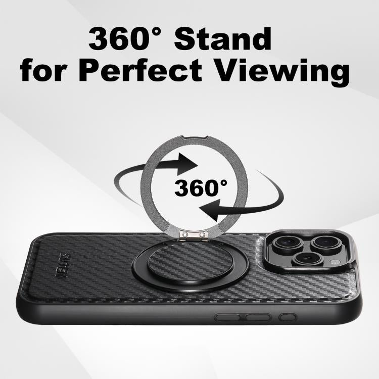 For iPhone 15 Pro Suteni G3 Carbon Fiber Leather 360 Rotation Holder MagSafe Phone Case - Black