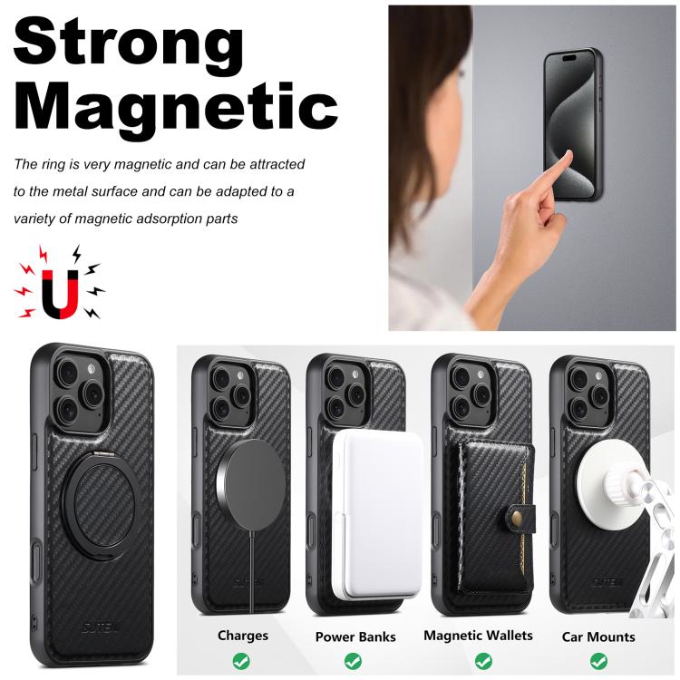 For iPhone 14 Pro Max Suteni G3 Carbon Fiber Leather 360 Rotation Holder MagSafe Phone Case - Black