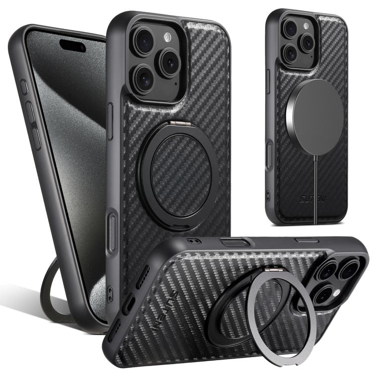For iPhone 14 Pro Max Suteni G3 Carbon Fiber Leather 360 Rotation Holder MagSafe Phone Case - Black