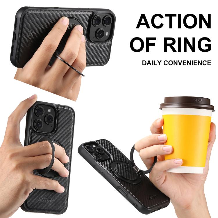 For iPhone 13 Suteni G3 Carbon Fiber Leather 360 Rotation Holder MagSafe Phone Case - Black
