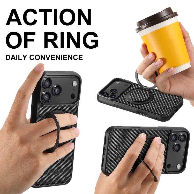 For iPhone 17 Pro Suteni G3 Carbon Fiber Leather 360 Rotation Holder MagSafe Phone Case - Black