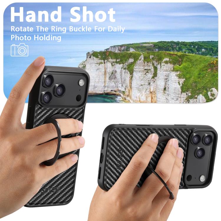 For iPhone 17 Pro Suteni G3 Carbon Fiber Leather 360 Rotation Holder MagSafe Phone Case - Black