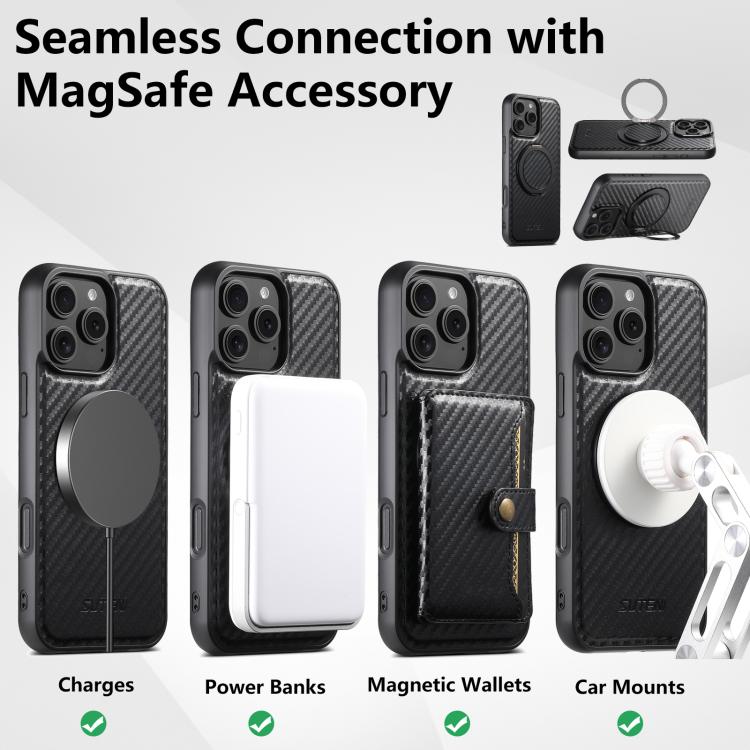 For iPhone Air Suteni G3 Carbon Fiber Leather 360 Rotation Holder MagSafe Phone Case - Black